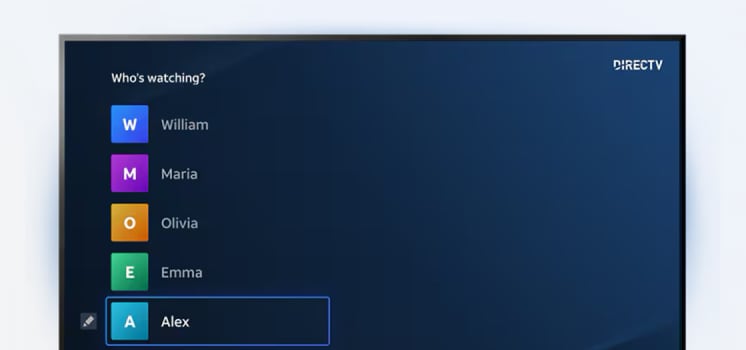 DIRECTV screen showing list of custom user profile names.