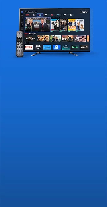 An image of the your tv menu of the directv app is shown on a flat screen tv with tiles of channel and show options. Accompanied by a directv remote